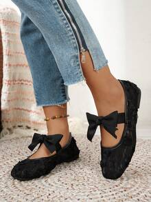 Plus Size Women's Bow Square Toe Knitted Casual Ballet Shoes, Comfortable Slip-On Loafers, Suitable For Summer, Spring, Autumn, Lace-Up Flat Shoes, Bohemian Style, Black/White/Beige - SR Black Rose - View 4