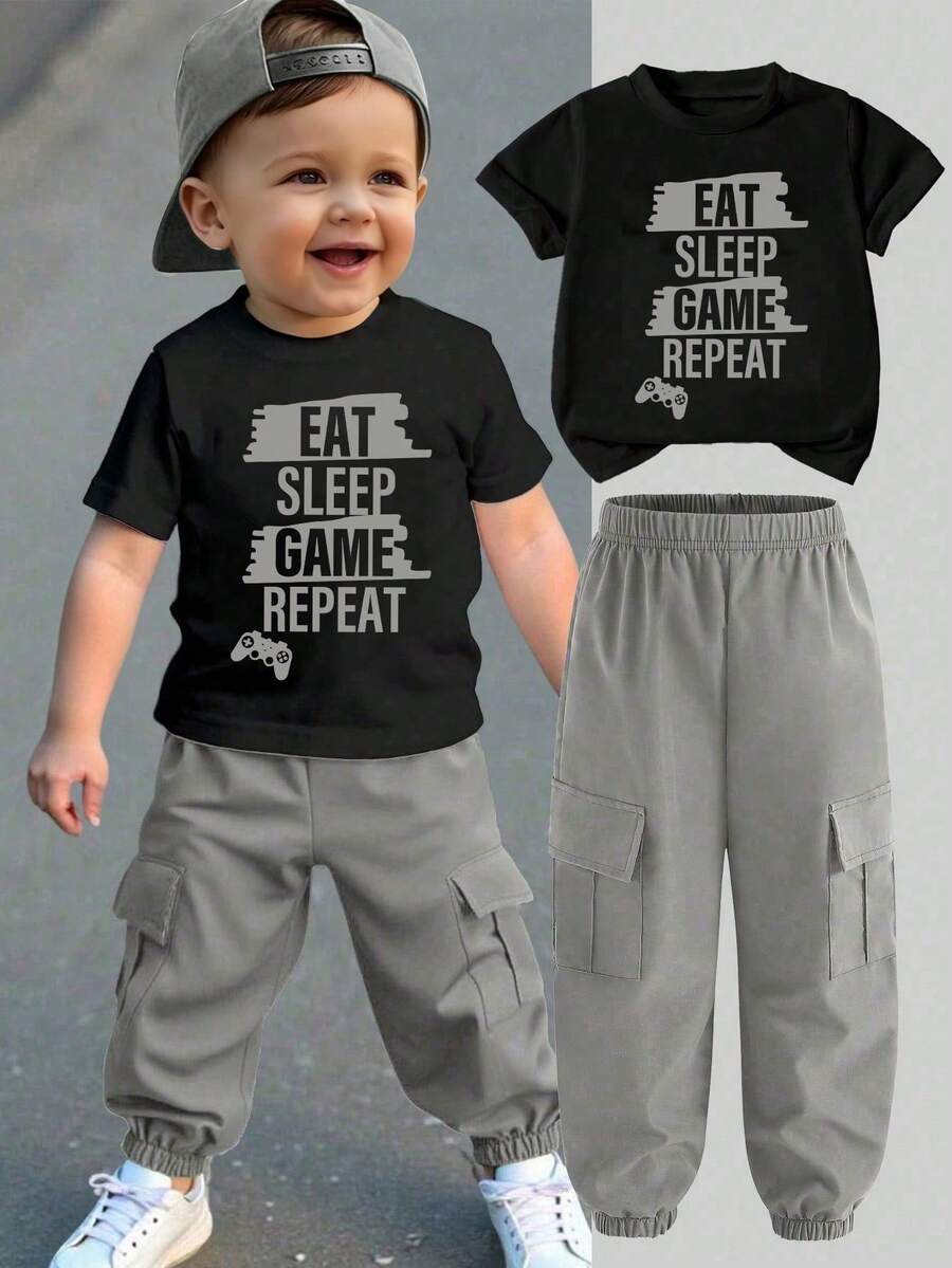 Baby Boy Letter Print Short Sleeve T-Shirt And Pants Set - Black - View 1