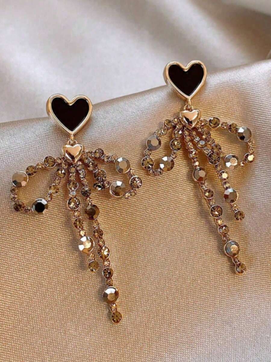 1 Đôi bông tai tua rua đính đá hình trái tim và nơ thanh lịch, sang trọng, quyến rũ, ngọt ngào, cá tính, thời trang dự tiệc dành cho nữ - Nhiều màu - Xem 1