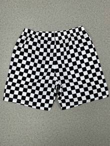 1pc Men's Lightweight Black & White Checkered Retro Plaid Casual Shorts, Breathable Drawstring Beach Pants For Summer, Daily Home, Commute, Vacation, Running & Sports, Loose Fit, Father's Day Gift - Black - View 6