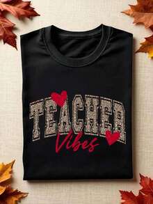 Teacher Shirt, Leopard Print Teacher Vibes Vday, Teacher Valentines Day T-Shirt, Heart Valentines Teach Tee, Cute Valentines Day Gift Teacher Appreciation. EC-210 - 黑色 - 查看 1