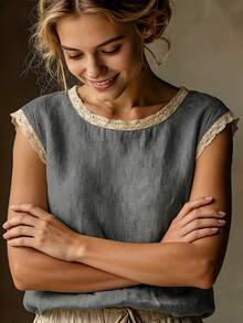 Vintage Style Linen Short Sleeve Top For Women Lace Patchwork Round Neck Loose Slimming Summer Breathable Linen Blend T-Shirt - Xám - Xem 2