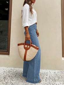 新款女士牛仔阔腿长裤，高品质时尚休闲裤，舒适贴合，四季皆宜，日常百搭，春季必备 - 淺色水洗藍 - 查看 5