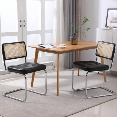 Modern Medieval Style Dining Chairs, Set Of 2 Rattan Dining Chairs With Soft Faux Leather Upholstery, Armless Rattan Chairs With Mesh Backrest,  Metal Legs (Black)