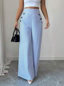 New Arrival Korean Style Spring/Summer Fashionable Minimalist Elegant Linen Blue & White Striped Pants, High-Waisted Slimming Straight Leg Loose Casual Trousers For Women - Xanh và trắng - Xem 9