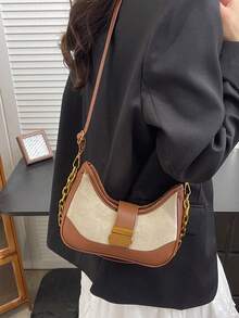 女士链条肩带单肩包，时尚百搭斜挎包，通勤休闲街头风单肩包，麂皮PU拼接新月包 - 彩色 - 查看 4