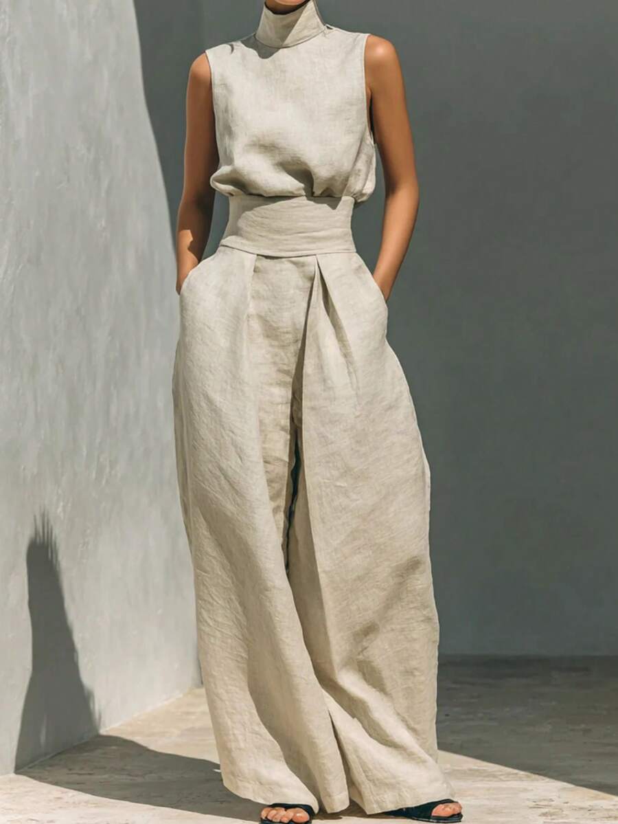 Women's Casual Solid Color Sleeveless Top Pants Set - 杏色 - 查看 1