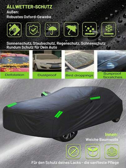 Housse de voiture universelle, imperméable, anti-UV, anti-poussière, anti-neige, offrant une protection complète pour la carrosserie du véhicule, convenant au stationnement extérieur et intérieur ; avec ourlet élastique + sac de rangement, résistant aux UV, adapté aux berlines, SUV, pick-up ; housse de protection toutes saisons épaissie, structure de protection à six couches, résistant aux rayons du soleil, à la pluie, à la poussière, aux vents violents et aux rayures ; fabriquée en matériau PEVA respirant, applicable pour le garage et le stationnement en plein air ; conception universelle, poche de rangement pour rétroviseurs.