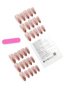 30 miếng dán móng tay hình hạnh nhân ngắn, kiểu móng ombre màu hổ phách nhẹ nhàng trên nền nâu nude, chuyển màu dần và điểm xuyết những chấm hổ phách. Phong cách ấm áp và dịu nhẹ, đậm chất mùa thu đông, phù hợp cho công việc hàng ngày, hẹn hò hoặc những dịp thời trang thanh lịch, thể hiện vẻ đẹp tự nhiên và sang trọng. - Nhiều màu - Xem 2