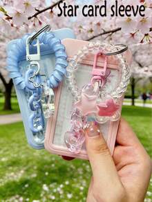 Transparent Pink Star-Shaped Pendant Keychain Card Holder/Photo Holder, Clear ID Card Holder Macaron Color Acrylic Decorative Chain Keychain DIY Pendant Jelly Color High Elasticity Telephone Wire Hair Scrunchies With Removable And Easy-To-Clean Sliding Cover, Keychain - Multicolor - View 5