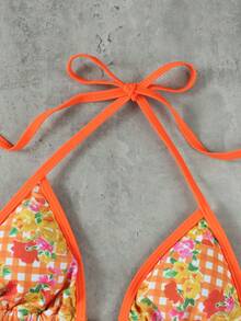 Conjunto de bikini y tanga triangular con estampado floral y escote halter sexy para mujer, ideal para la playa en verano - Multicolor - Ver 5