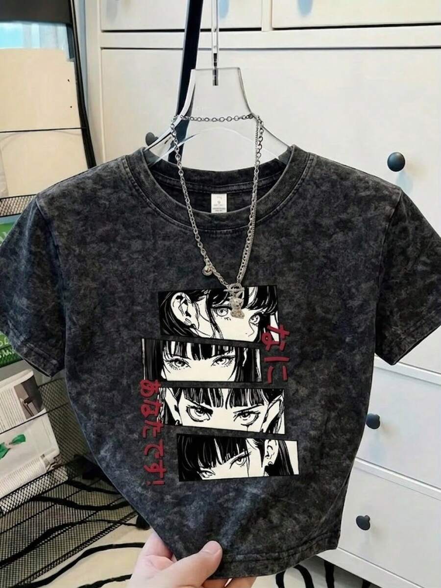 日系“动漫眼睛”卡通风格T恤，适合年轻女孩，常规版型，复古酸洗街头风短袖上衣，独特圆领街头风Pinterest风格休闲黑色夏季上衣