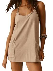 Women Athletic Mini Dresses Built-In Shorts Set Summer Sleeveless Sundress Hot Shot Mini Dress - Màu Khaki - Xem 5