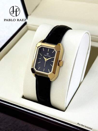  PABLO RAEZ 1件装 18K金女士手表 优雅女士正装不锈钢腕表 长方形金色不褪色女士手表 顶级品牌全新 AAA品质 魅力设计师石英复古原创迷人女士手表 时尚黑色简约表盘 高品质女孩流行腕表 舒适黑色皮革表带