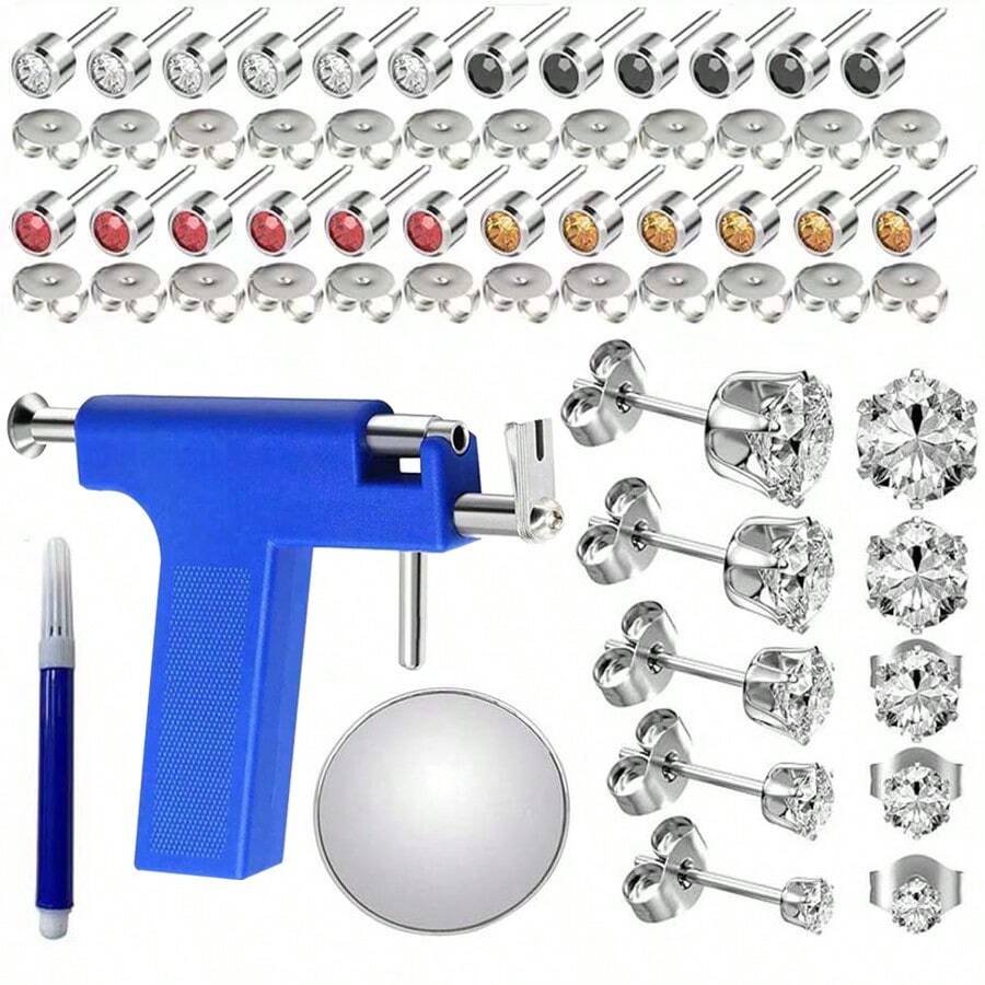 Kit de perçage d'oreilles professionnel avec pistolet de perçage d'oreilles et 34 pièces de boucles d'oreilles en acier inoxydable de couleur - Bleu azur - Voir 1