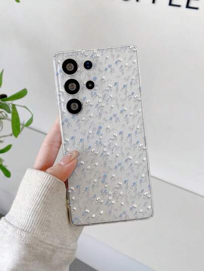 1 pieza Funda protectora de teléfono transparente con perforaciones, con estampado de lunares blancos y flores azules y blancas, de estilo elegante y fresco, adecuada como regalo de vacaciones para la pareja y los amigos, compatible con Samsung, Nothing, Pixel, Series