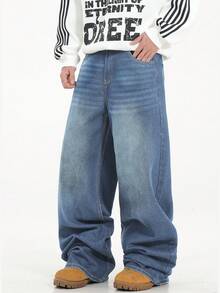 1 chiếc quần jeans nam Justice Brother dáng rộng, chất liệu denim đã qua xử lý, kiểu dáng thường ngày, ống rộng (không bao gồm thắt lưng và phụ kiện) - Rửa tối - Xem 6
