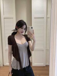 Bộ đồ nữ thanh lịch mới về: áo khoác cardigan ngắn tay ôm dáng, kiểu dáng thanh lịch, gồm 2 món, thích hợp cho mùa xuân/hè. - Rỉ Nâu - Xem 6