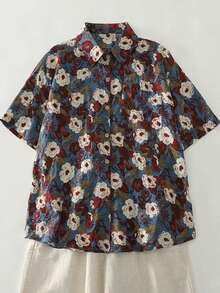 Women's Collar Short Sleeve Shirt, Cartoon Floral Print Button Pocket Top, For Casual, Office, Vacation, Home, Spring Summer Fall - Multicolor - View 2