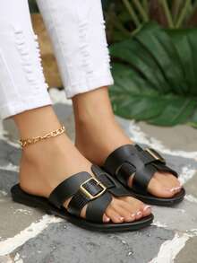 Plus Size Flat Slippers For Women, 2026 Summer New Round Toe Lightweight Side Button Slippers - Black - View 2