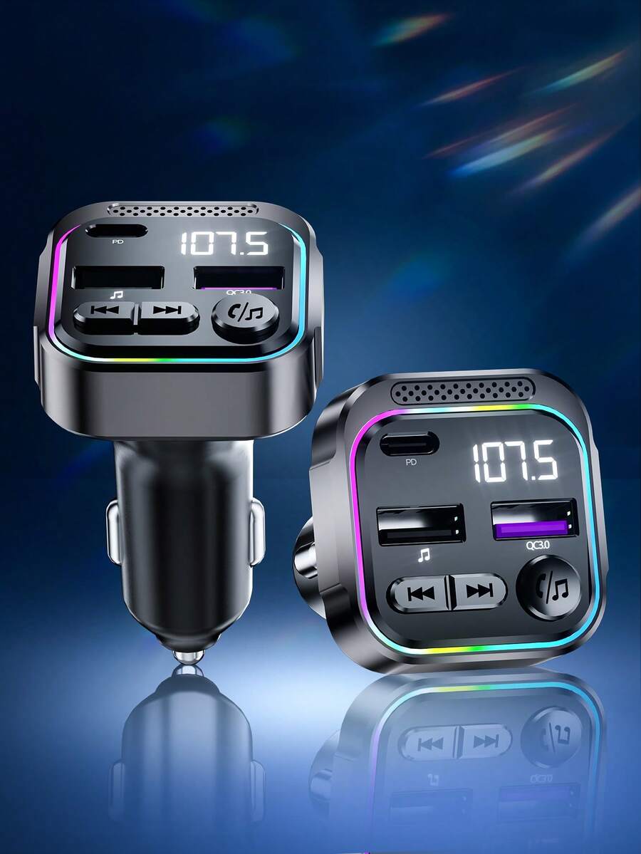 PD30W 车载快充，双 USB-A 和 Type-C 三口输出，支持蓝牙 5.3 免提通话和音乐播放，带 RGB 灯效，双音乐模式（蓝牙 + USB），兼容 12-24V 车辆，适用于 iPhone 和安卓手机，Type-C 充电器，iPhone 充电器，车载用品，旅行必备