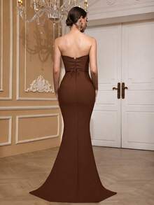 Girsdy Brown Spring/Summer Elegant Knit Strapless High-End Formal Dress, Handmade Beaded & Rhinestone Embellished, Bodycon Sexy Backless Mermaid Maxi Dress For Gala, Prom, Graduation, Sleeveless Cold-Shoulder Design Party Wedding - Brown - View 3