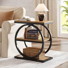 Side End Table With 3 Storage Shelves, Industrial Sofa Table With Round Metal Frame For Living Room, Engineered Wood Nightstand For Bedroom, Oak - Nâu nhạt và đen - Xem 7