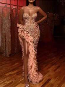 Sparkly Sequin Strapless Mermaid Prom Dress With Ruffle Trim & High Split – Glamorous Evening Gown For Gala & Formal Party - 粉色 - 查看 1