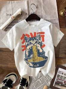 Camiseta de manga corta para mujer, holgada y casual para uso diario, camiseta retro con diseño de gato ramen, camiseta con diseño de gatito adorable, camiseta con estampado de póster vintage, top grueso, regalo divertido con diseño de animales, ropa para amantes de la comida, diseño divertido, adecuada para uso casual diario, fiestas, viajes, temporada de regreso a clases, regalo perfecto, ropa blanca de verano. - 1 - Ver 3