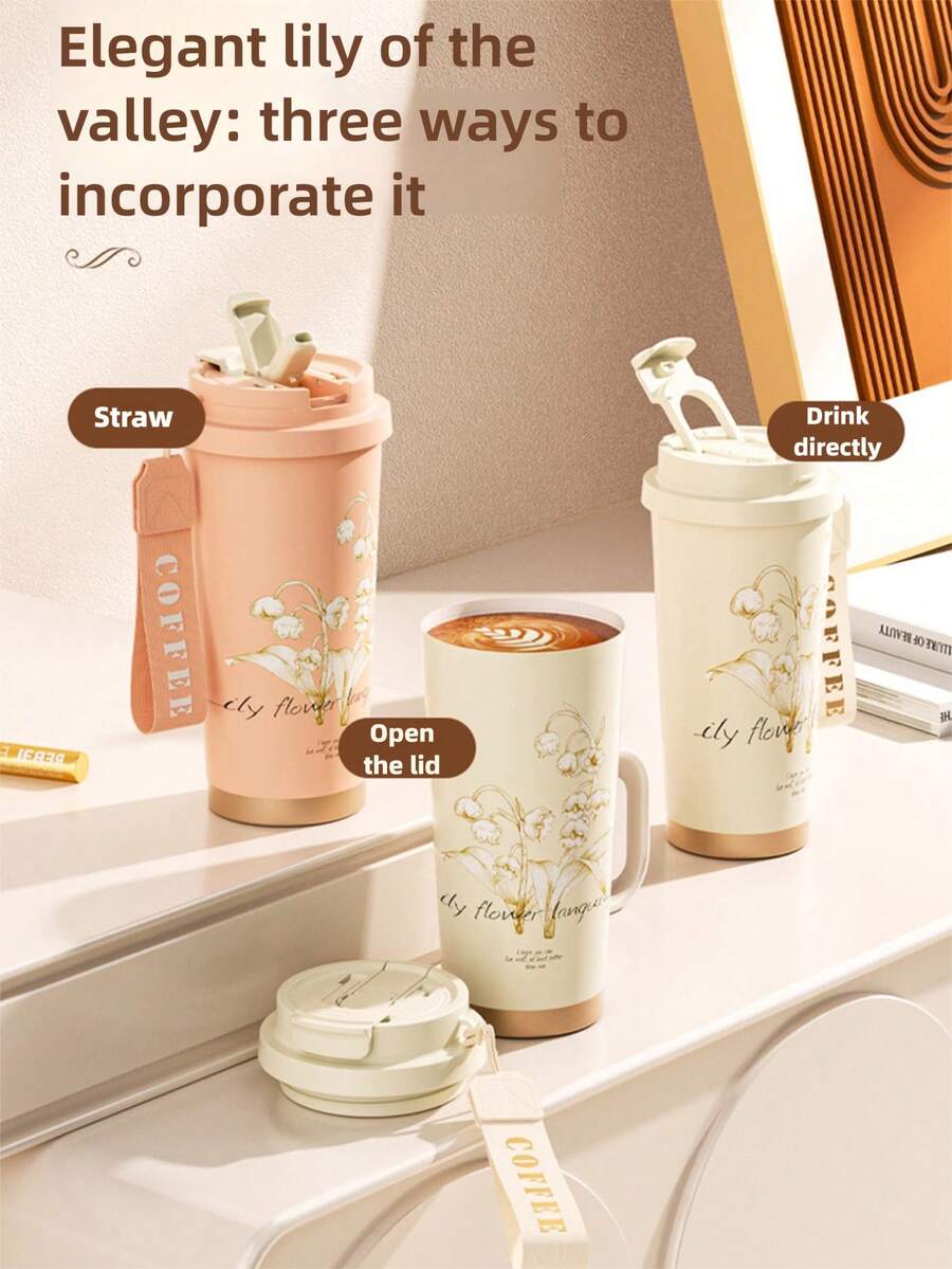 LilyOfTheValleyFloralPatternTravelMug/CoffeeCup,CeramicCoatedInterior,316StainlessSteelMaterial,VacuumInsulated,SuitableForWater,IcedTea,Coffee,Smoothies,Leak-ProofCoffeeCup,GreatGift