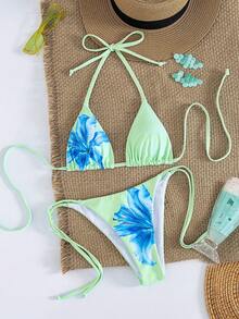 New Arrival Sexy Floral Print V-Neck Crop Top & Triangle Hem Shorts 4-Piece Set, Summer Fashion Outfit - Mint Green - View 4
