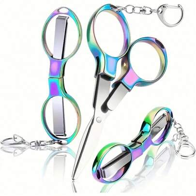 Compact Stainless Steel Folding Scissors, Zinc Alloy Handle, Rainbow Colored Coating, Sharp Polished Blades - Lightweight And Durable, Suitable For Travel, Fishing, Camping, Handmade - Portable Pocket Size