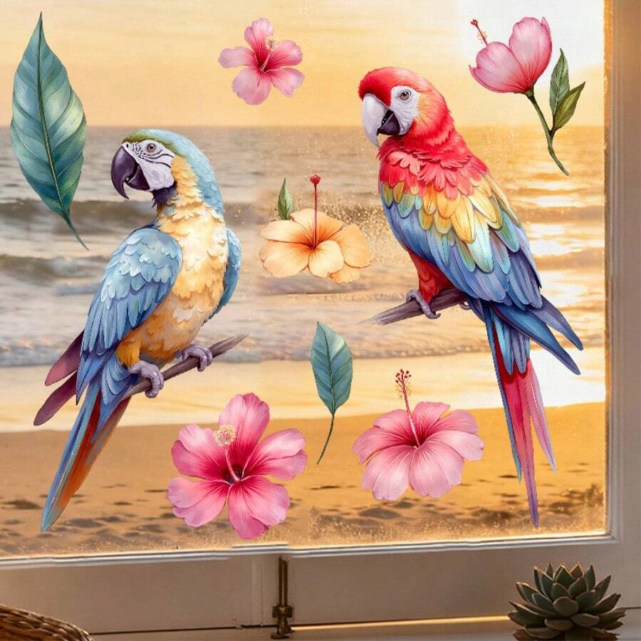 Colorful Parrot On Branch Window Cling, Self-Adhesive And Removable, Adds A Lively And Dynamic Touch To Your Home - A - View 1