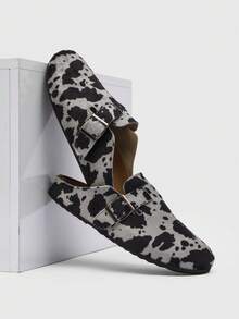 Men's Dalmatian Print Fuzzy Slippers - Backless Casual Loafers With Buckle Strap, Street Style Mule Shoes - 黑灰色 - 查看 3