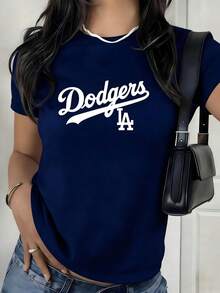 Los Angele.Dodge Baseball Team Short-Sleeved Sweatshirt, Featuring Stylized "Dodgers" Lettering And The "LA" Logo, Gathered Cuffs With A Lot Of Casual Graphic Tee, Right-Side Drawstring Detail, Black, White, And Grey Base Color, Solid Color 2026. - 藏藍色1 - 查看 1