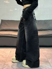 1 chiếc quần jeans ống rộng thoải mái, thêu họa tiết, thương hiệu thời trang Hàn Quốc dành cho nữ (Sản phẩm này không bao gồm thắt lưng/phụ kiện) Mùa xuân - màu đen - Xem 2
