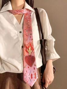 1条Y2K风格独特火焰爱心真丝手工领带，红色爱心和樱花图案，适合休闲、街头、日常、派对、学校等各种场合穿着。 - 彩色 - 查看 3
