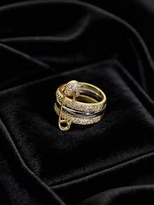 1pc Luxury 3-Layer Rhinestone Brooch Ring, 24K Gold Plated Copper Zirconia Multi-Circle Ring, Dual-Tone Stackable Design Women's Finger Ring, Versatile For Party And Daily Wear - Pin Style - View 12