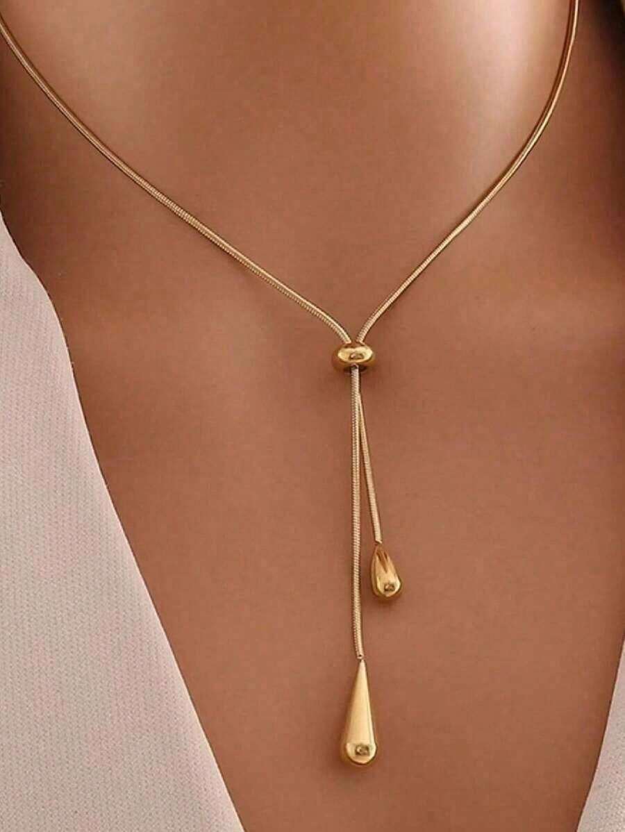 1 pieza Collar con colgante de gota de agua de metal minimalista y de alta gama en estilo retro, accesorio diario para mujer - Amarillo Oro - Ver 1