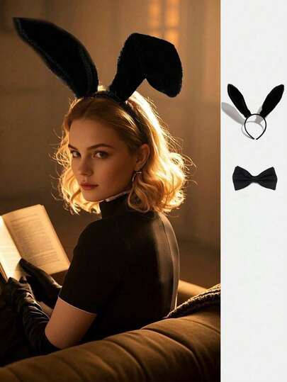 Diadema con orejas de conejo, conjunto de accesorios de disfraz con corbata de moño, diadema y corbata de moño de conejita para cosplay, diadema esponjosa con orejas de conejo linda para mujeres, tocado de Halloween, adecuado para eventos, fiestas, actuaciones, cosplay, reuniones, accesorios de moda