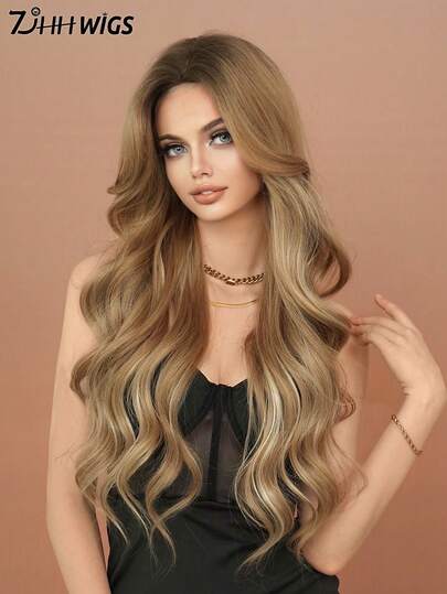 7JHH WIGS 高光棕色超长卷发假发，32英寸，金色长波浪中分，深色发根，耐热合成纤维，适合日常派对佩戴。