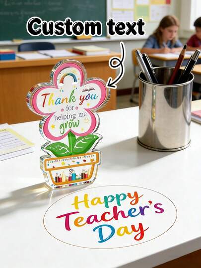 Personalized Customization Of Acrylic Flower Ornaments, Customized Text Thanks To The Teacher Desktop Decoration Board, Teacher Thank You Acrylic Plaque, Colorful Flowerpot Shaped Commemorative Ornaments, Creative Teaching Gratitude Gifts, Teacher'S Day Gifts, Graduation Season Gratitude Gifts, Gifts For Teachers, Gifts For Mentors, Classroom Desk Decorations, Desk Ornaments, School Office Decorations
