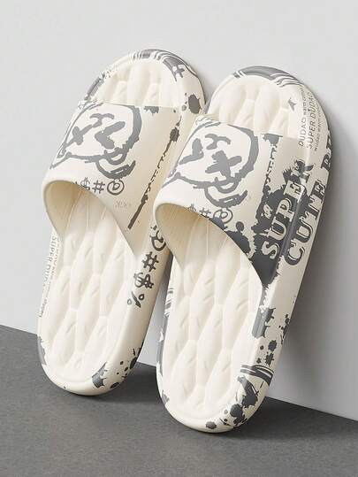 Unisex Outdoor Slippers, Soft Massage Cartoon XV Bear Print House Shoes, Suitable For Summer, Black & White, Plus Size 46-49