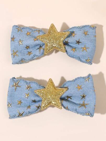 2 chiếc kẹp tóc nơ màu xanh dương in hình ngôi sao, kẹp tóc nơ lấp lánh màu vàng kim tuyến, phụ kiện tóc thường ngày cho bé gái và thanh thiếu niên.