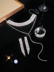 1 Set Elegant Jewelry Set: 1 Pair Earrings + 1 Necklace + 1 Bracelet, Black Gold Silver Plated With Rhinestones, Multiple Colors Available, Suitable For Daily Wear - Geometry - View 4
