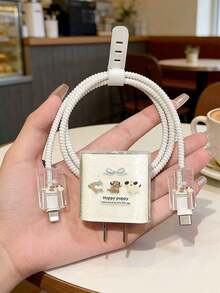 5 件装蓝色领结狗狗图案 18W/20W 快充适配器保护套，充电线保护套套装，兼容苹果 - 彩色 - 查看 1