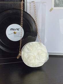 时尚3D蕾丝花朵圆形包，少女独特百搭链条单肩斜挎包 - 米色 - 查看 8