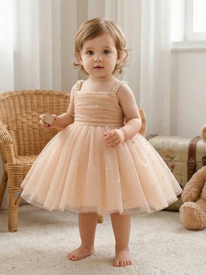 Baby Girls' Champagne Starry Tulle Dress, Handmade Beaded Big Bow Decor Fluffy Tulle Elegant Party Dress, Suitable For Baby's 1st Birthday, Wedding, Party, Celebration
