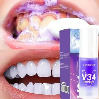 V34 pasta de dientes blanqueadora de dientes púrpura, elimina las manchas de placa, limpieza, higiene bucal, herramientas de lejía Dental, aliento fresco, belleza y salud