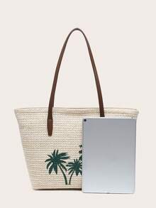 1 chiếc túi tote nữ bằng rơm, dung tích lớn, thích hợp đi làm và du lịch, họa tiết cây cọ, túi đi biển. - Màu be - Xem 3